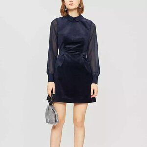 TED BAKER Lourah Velvet Sheer Sleeve A-line Flare Skirt Collar Shirt Dress US 12